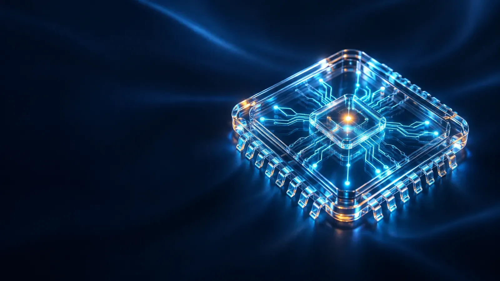Glass chip with light-blue circuits